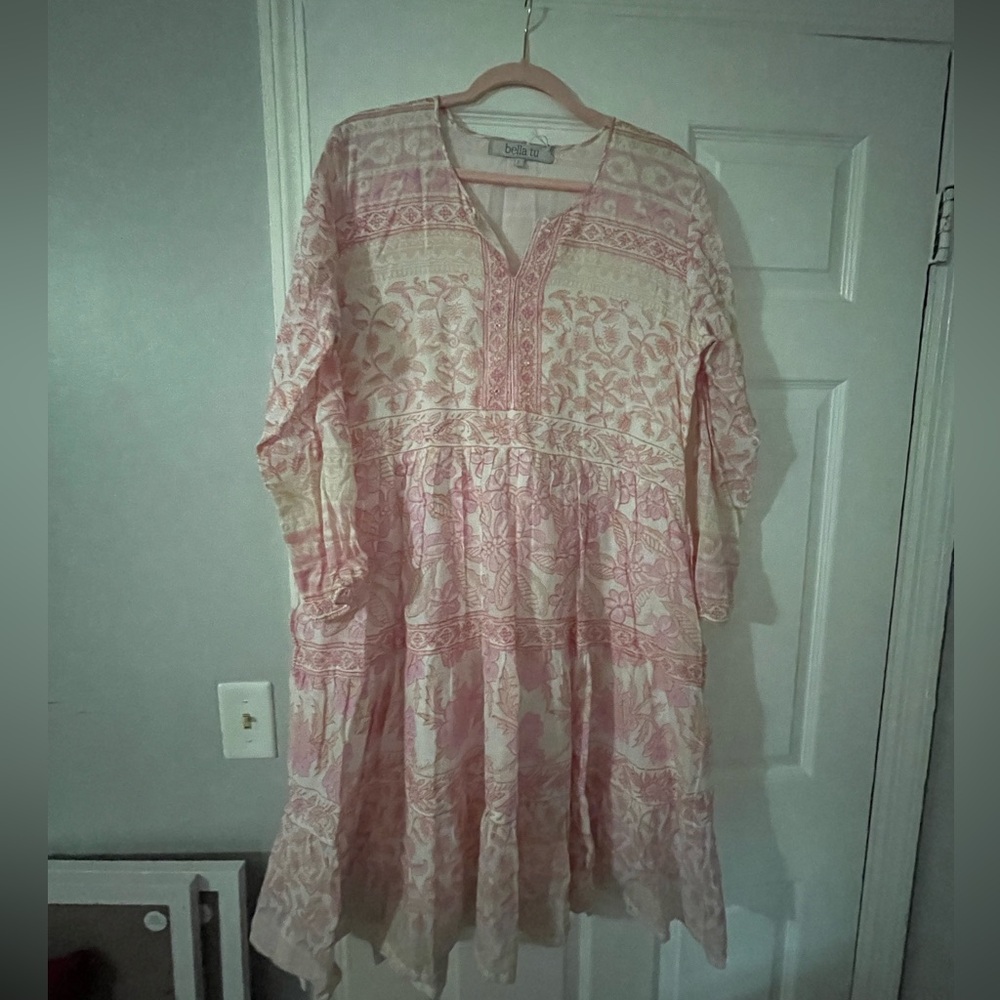 midi dress in all cotton. embroidery and beaded accents.Fits small across bust